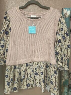 Hayden Knit Overlay Cream Floral Top with Navy Blooms